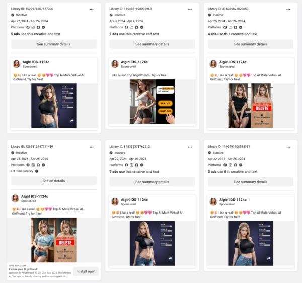 Facebook, Instagram, and Messenger host thousands of advertisements for sexually explicit AI agirlfrienda chatbots, according to a new report. The generative artificial intelligence chatbots engage with users and generate images and suggestive texts. They also collect a lot of user data.</p>

<p>　　