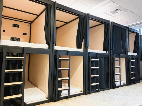 The pods feature a 4-foot tall, semi-open box that can fit a single twin mattress. 