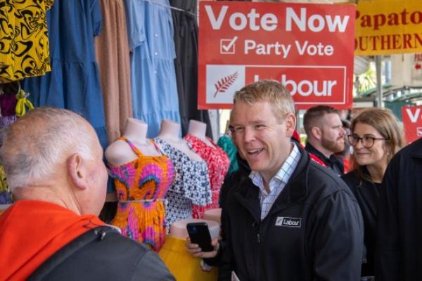 New Zealand's Prime Minister Chris Hipkins meets people on the street in Auckland on Friday, Oct. 13, 2023, the last day of campaigning for New Zealand's election. New Zealanders vote in a natio<em></em>nal general election Saturday. (New Zealand Herald via AP)