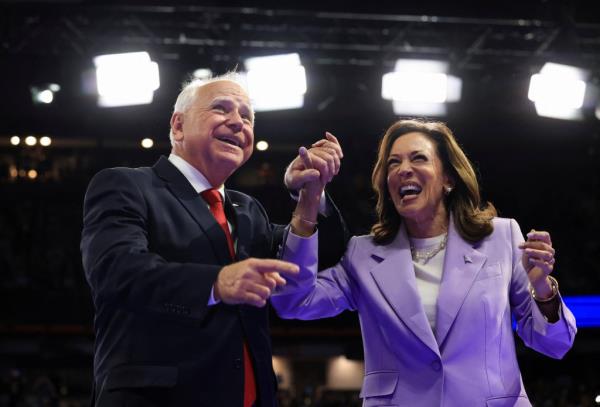 Kamala Harris and her vice presidential running mate Minnesota Governor Tim Walz attend a campaign event at UNLV.