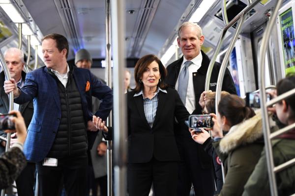 Governor Kathy Hochul and MTA Chairman Janno Lieber unveiling new l<em></em>inked subway cars in New York City